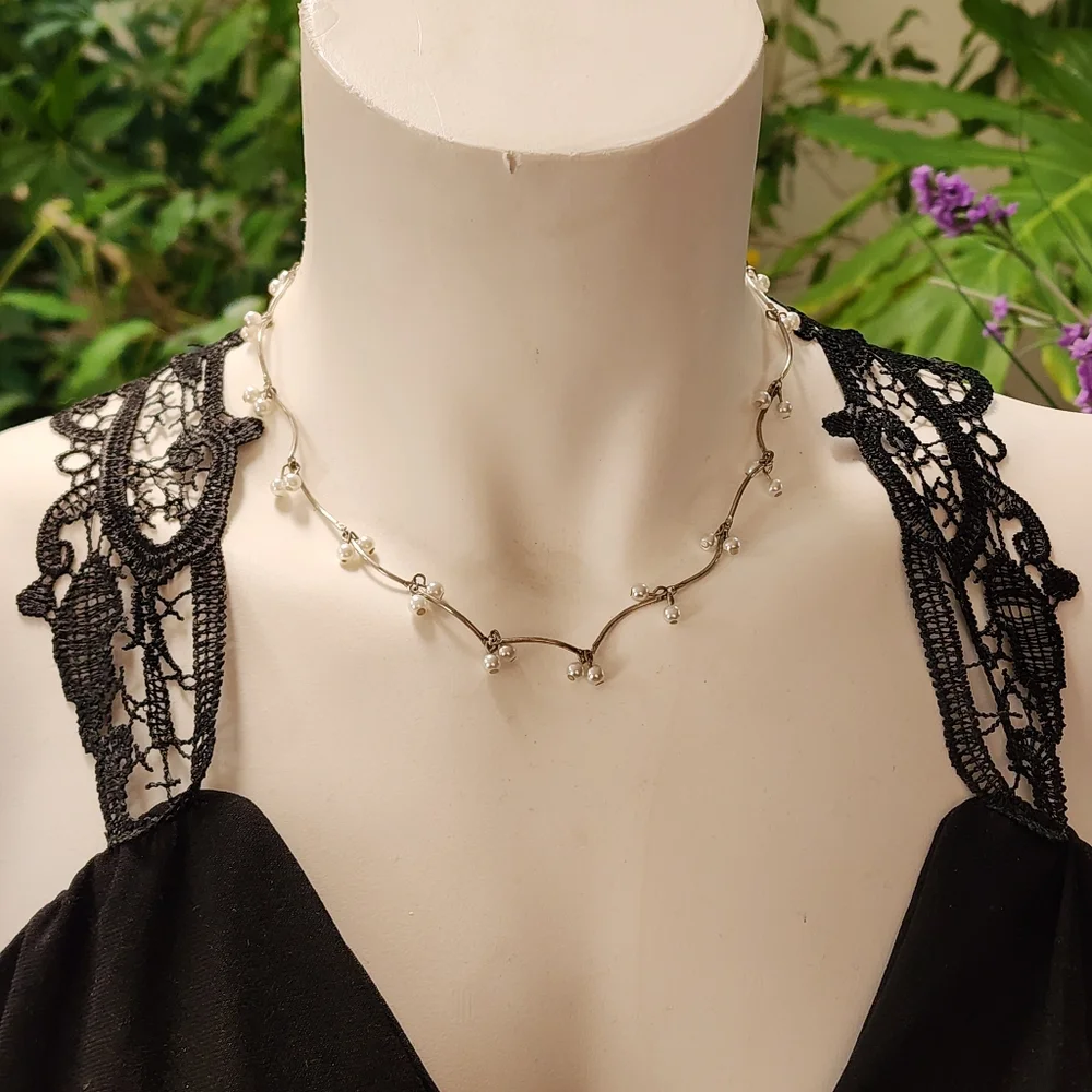 Silver Toned Link Ball Beaded Collar Choker Necklace With Faux Pearls
